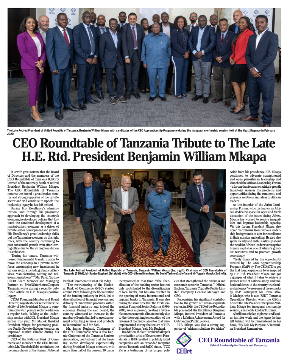 The CEO Roundtable shares a tribute to His Excellency, Retired President, the late Benjamin William Mkapa, in today’s edition of <a href="/TheCitizenTZ/">The Citizen Tanzania</a>. #RememberingMkapa