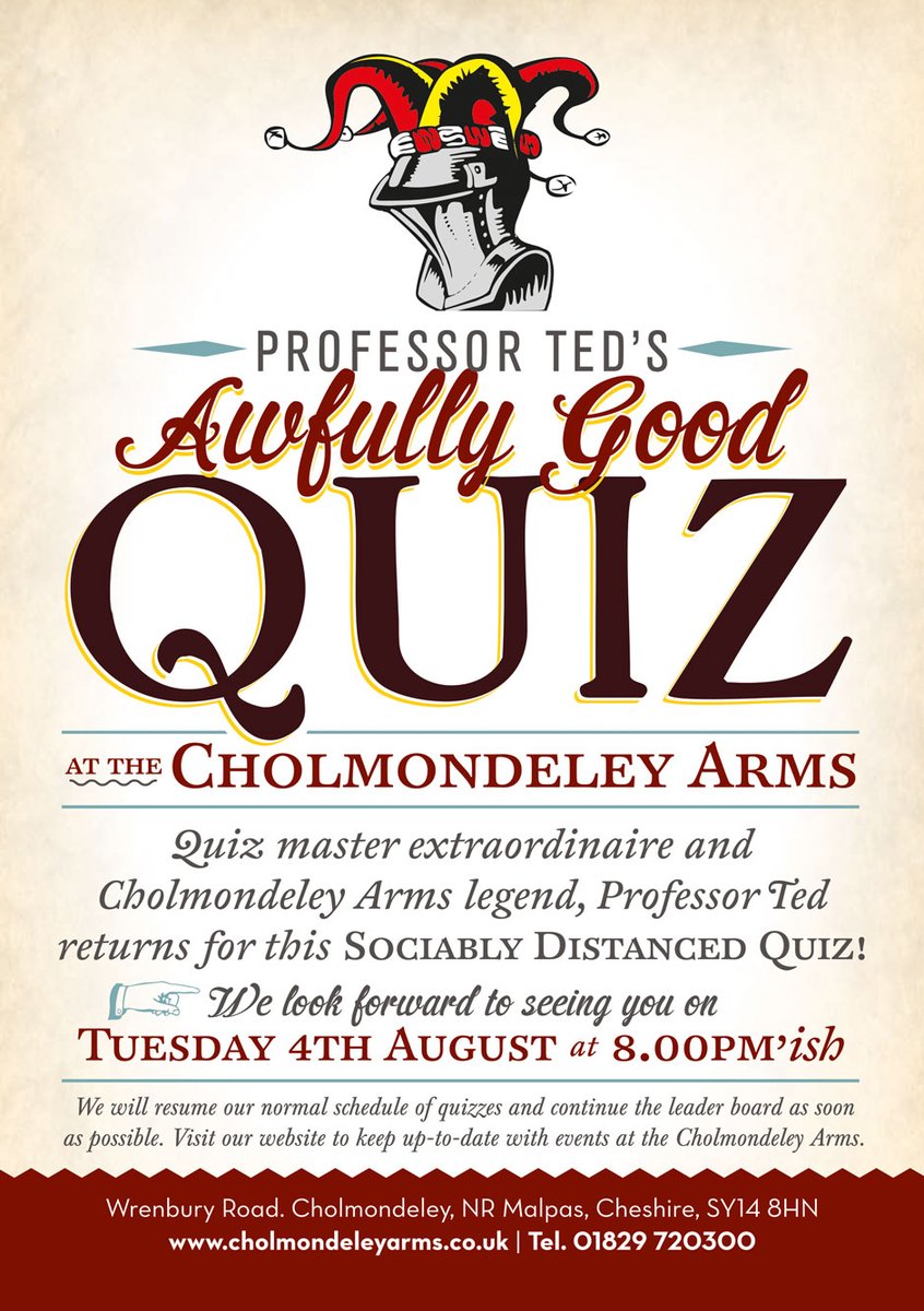 Monthly #QUIZTIME!
Professor Ted will be returning next week, Tuesday 4th August.
Looking forward to seeing you all😀
•
•
#quizmaster #quiz #quizchampion #quizzes #pubquiz #pub #cholmondeley #cholmondeleyarms #placetovisit #quizteam