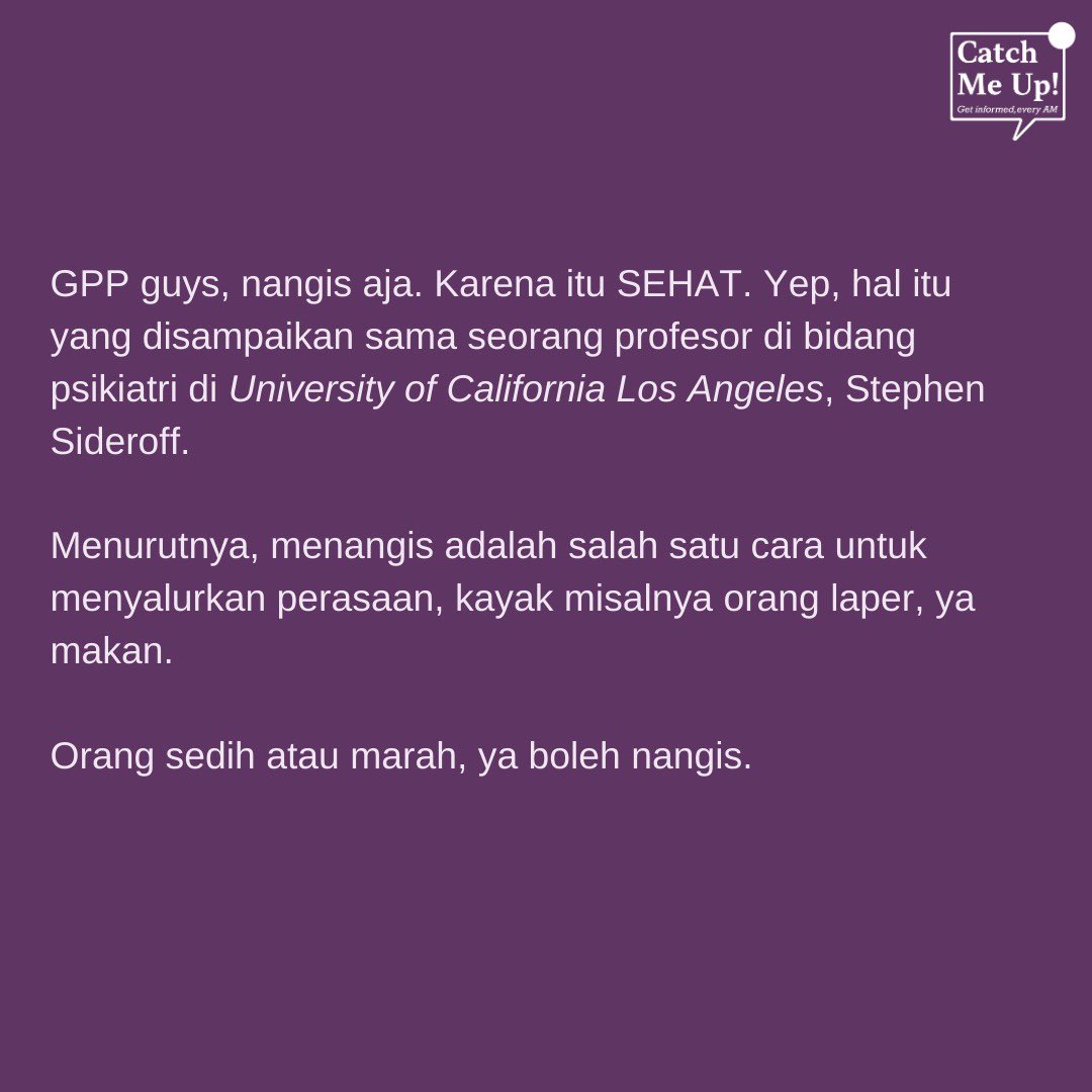 catchmeupco's tweet photo. Big girls don’t cry 🎼 eiiits kata siapa? Kamu boleh kok nangis kalo kamu lagi sedih atau marah. Menahan nangis justru bisa bikin kamu depresi. Pokoknya apapun gendet kamu, kalo mau nangis, nangis aja! Let’s #normalizecrying https://t.co/stoCC0QMwJ