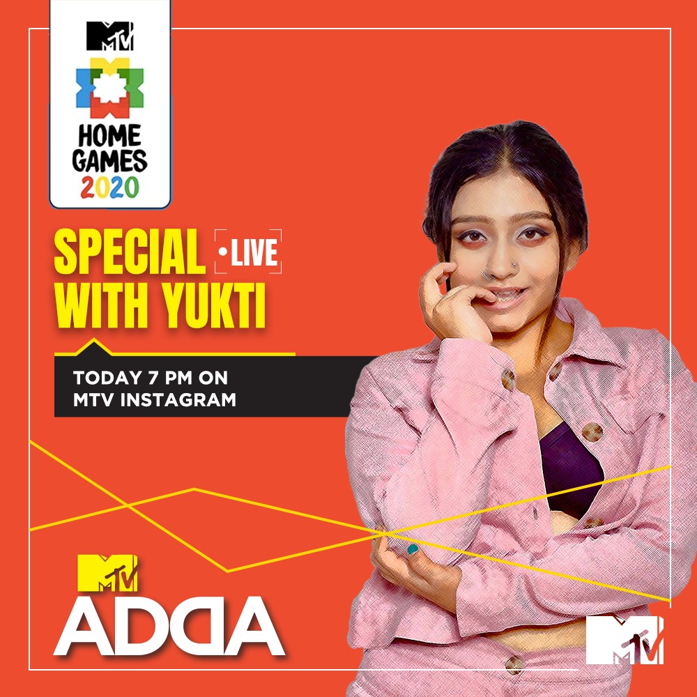 MTVIndia's tweet photo. #MTVHomeGames ki categories-  ‘Saree Not Sorry’ aur ‘Breathless’ ke baare me vistaar se bataane, aaj shaam 7 baje #MTVAdda par aa rahi hain Yukti! 
Catch her LIVE on #MTVAdda at 7 PM on @MTVIndia’s Instagram. https://t.co/sXt28VFOCr