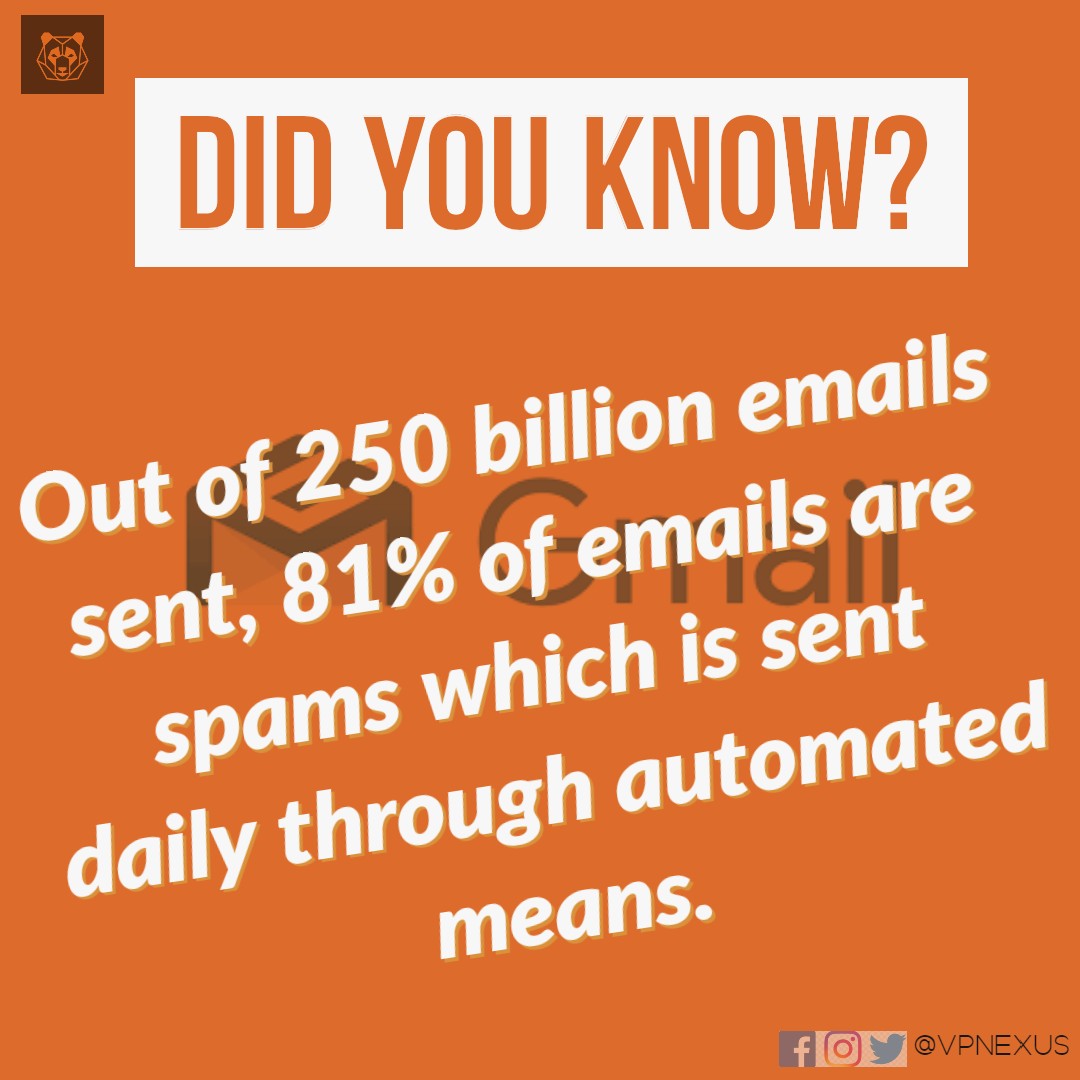 vpnexus's tweet photo. That's 200 billion spam mail everyday.

Check twice before you open a mail.
Go check your mail box and stay secure.

DM for assistance 💬
#security #securenetwork #gmailhack #spammail #gmail #staysecure #cybercrime #cybersafeindia #cyberworld #dailyfact #didyouknow #vpnexus https://t.co/ArYHxnhJdf
