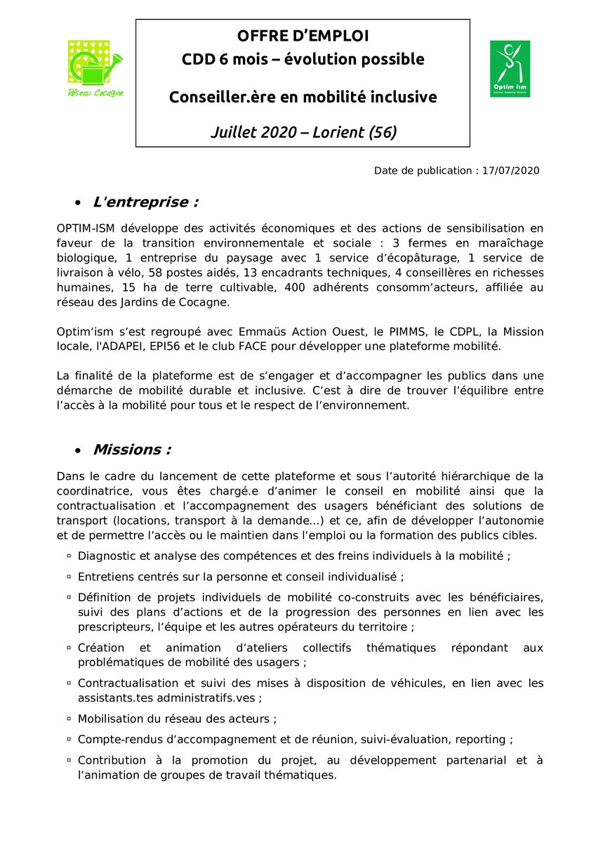AssoDefis's tweet image. [Actu partenaire] Offre d'emploi chez @OptimismLorient 🤓

Retrouvez une offre d'emploi de conseiller.ère en mobilité inclusive pour un CDD de 6 mois évolutif à @VilledeLorient.

#emploi #Lorient #social