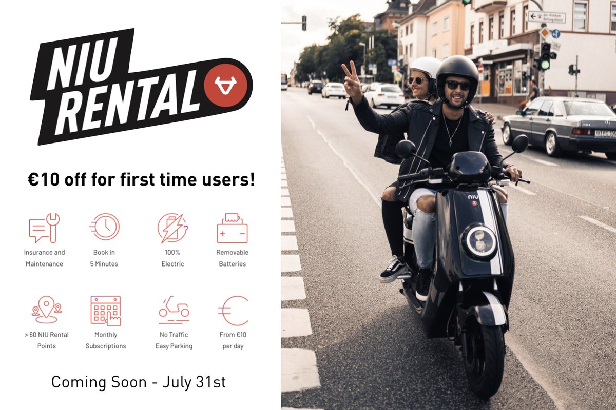Something Niu coming soon! Niu Rental will launch officially this July 31st⚡️

First-time users will receive €10 off! 

Available across Europe:Germany, France, Austria, Belgium, Italy, Spain, Netherlands, Czech Republic, Malta, Portugal, Switzerland.

Stay tuned for Friday!
