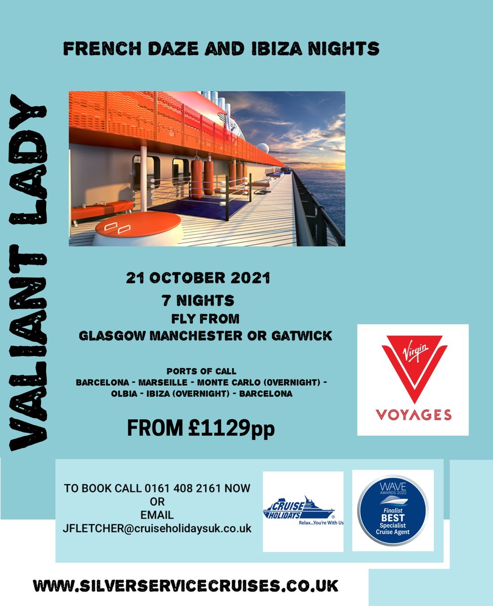 A fantastic #hotdeal for those who want a cool Adult Only #Cruise to the Western Med’s stylish spots with <a href="/VirginVoyages/">Virgin Voyages ⚓️</a> ’ Valiant Lady.  This really is something special.

ABTA AND ATOL BONDED FOR YOUR PEACE OF MIND 

CALL NOW TO BOOK YOUR HOLIDAY!

…servicecruises.cruiseholidaysuk.co.uk/special-offers…