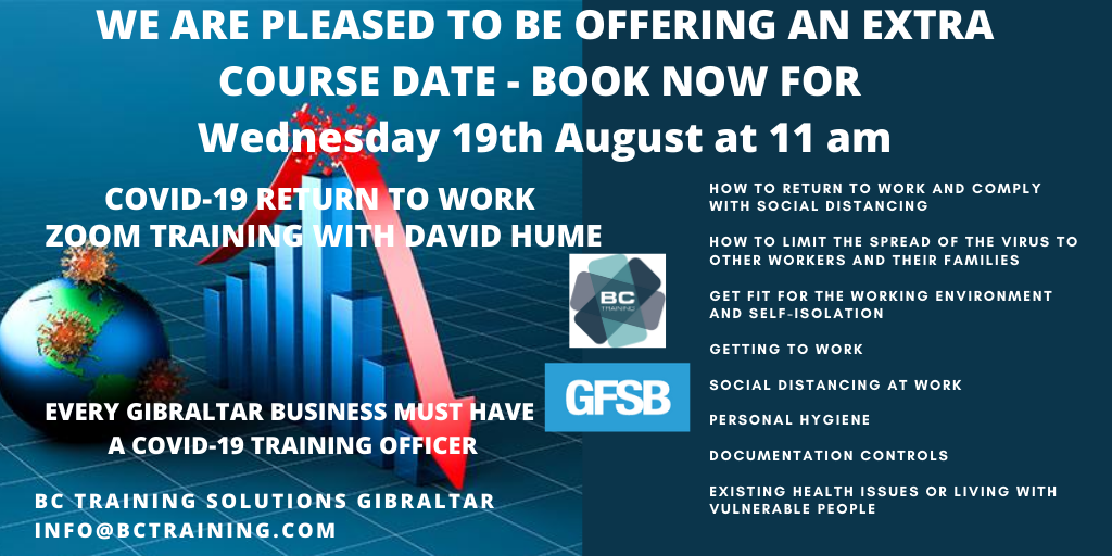 BCTrainingGib's tweet photo. COVID-19 RETURN TO WORK ZOOM TRAINING
Get your workplace ready for your employees with our
Covid-19 Return to work Zoom training with David Hume. This course includes:
#COVID19 #Zoomtraining #humansafetymatters #bctraining #Gibraltar https://t.co/AQlUqeq2hr