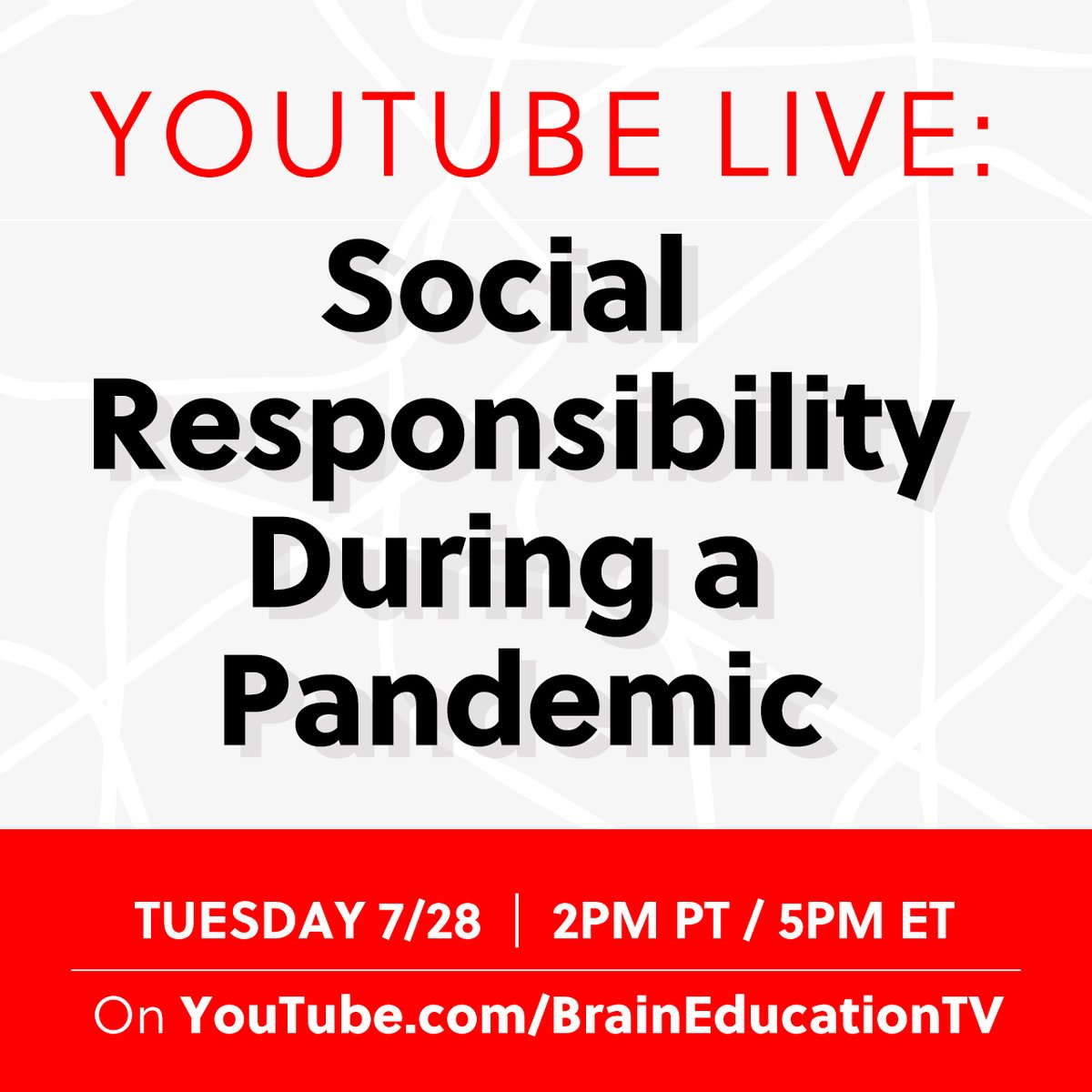 brainedu_tv's tweet photo. TODAY: YouTube #LIVE!

Join BETV at 2pm PT / 5pm ET where we will discuss ways to be more socially responsible during a pandemic so that we can overcome this together. We will also hold a live Q&amp;A session with the audience - see you there!

Link: https://t.co/lXhkjlbkTG https://t.co/Ij0222bs9g