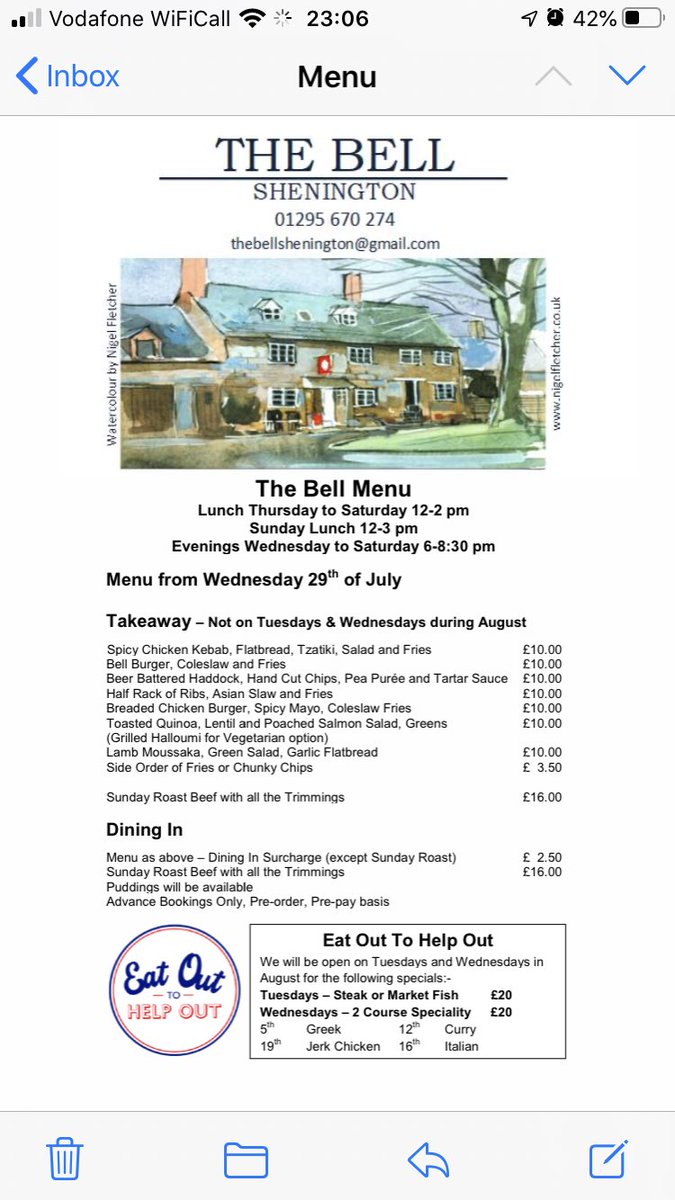 Our menu and information for the next few weeks.
Hope to see you at the Bell.