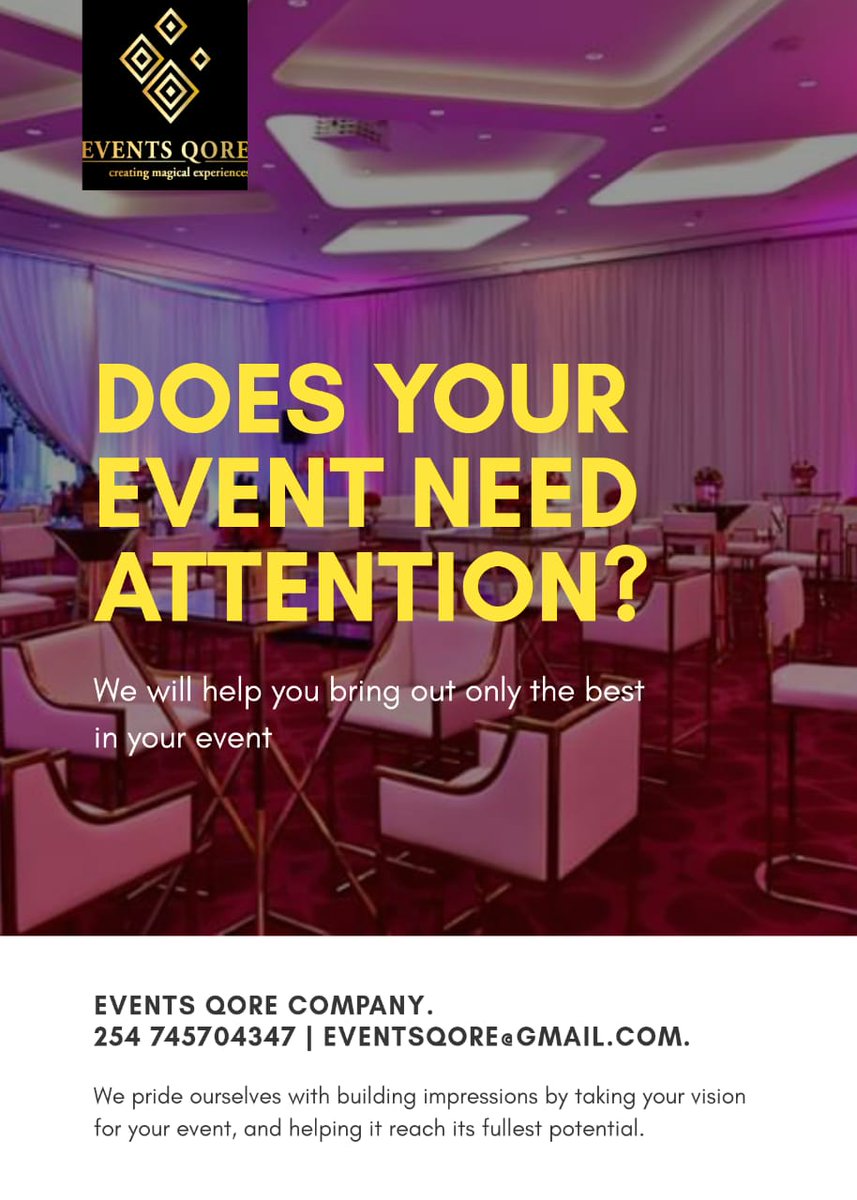 Great memories are made from great event planners and that can only be Events Qore. Call us 0719674006 for more enquiry.
#AlaiAirtime
#Mpesa 
#sakaja 
#UhuruKenyatta 
#KemsaDelivers