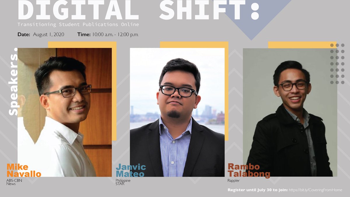 For campus journalists! 📢 The awesome @mikenavallo, @janvicmateo, and @ramboreports will talk about transitioning your pub online + reporting in the new normal. Register here: bit.ly/CoveringFromHo…

I'm moderating this session, convened by @krixiasINQ! 🎨 by @basiliosepe