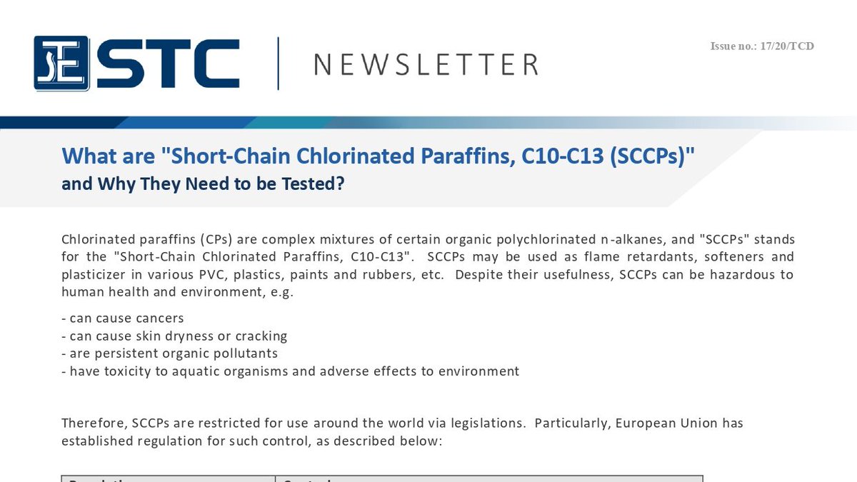 stcgroup's tweet photo. What are "Short-Chain Chlorinated Paraffins, C10-C13 (SCCPs)" and Why They Need to be Tested?
Chlorinated paraffins (CPs) are complex mixtures of certain organic polychlorinated....
https://t.co/Q82pB8cNLh
#STC #香港標準及檢定中心
#SCCPs
#ChlorinatedParaffins
#CPs
#Environment https://t.co/CPWd28O8tv