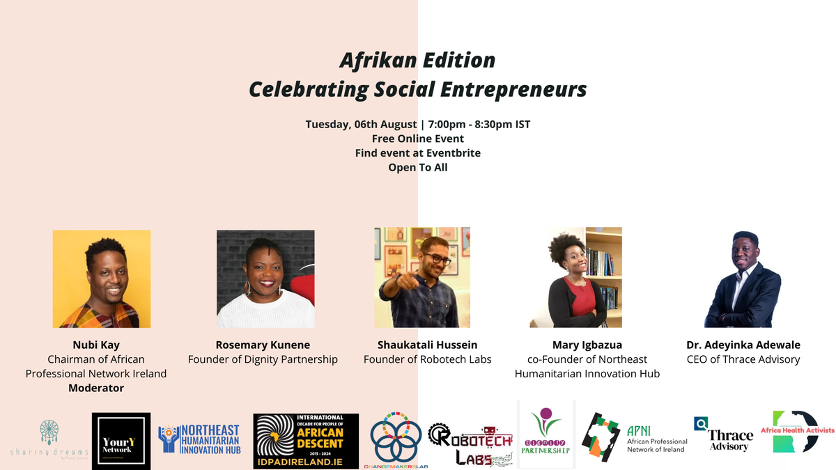 Hi all, 
IDPAD Ireland is partnering up with YourYNetwork for an event on African descent social entrepreneurs. Sign up here: eventbrite.ie/e/afrikan-edit…