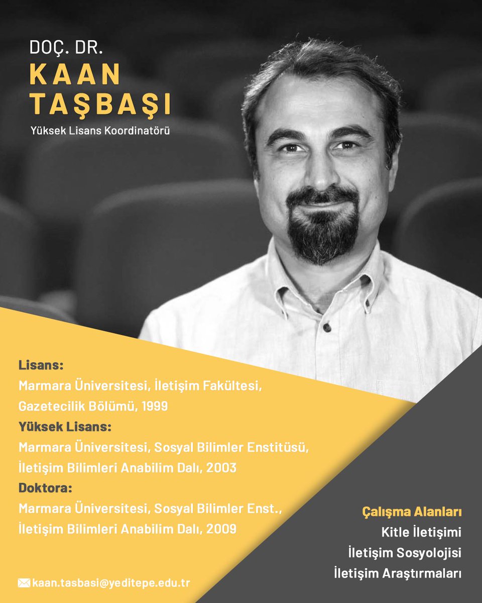 Yüksek lisans koordinatörü Doç. Dr. Kaan Taşbaşı. Hocamızın akademik çalışmaları hakkında detaylı bilgiye web sayfamızdan ulaşabilirsiniz. 

Radyo, Televizyon ve Sinema Bölümü Online Tanıtım Linki: meet.google.com/gze-ocuq-foi