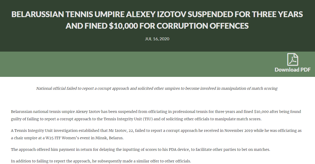 Carretero77's tweet photo. I have been writing (here and with online articles) about how deep match-fixing was in lower level of tennis for years, pretty much ignored.

Last Tennis Integrity Unit media releases involve:

- Tournament Director
- Umpire
- Coach
- Player

There is nothing much to add https://t.co/7ETInp34Ml