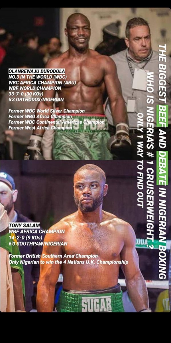 Repost from #Salehglovespromotions

🔥🔥🔥🔥 

Olarewaju Durodola (33-7-0-30KOs) vs Tony Salam (14-2-0-9KOs). 

Who rule The Cruiserweight Division? 

📷 @FawazGloves

@FawazGloves @flykiteboxing
#boxing #NigeriaBoxing #Salehgloves #flykiteboxing #africaboxing #worldboxing