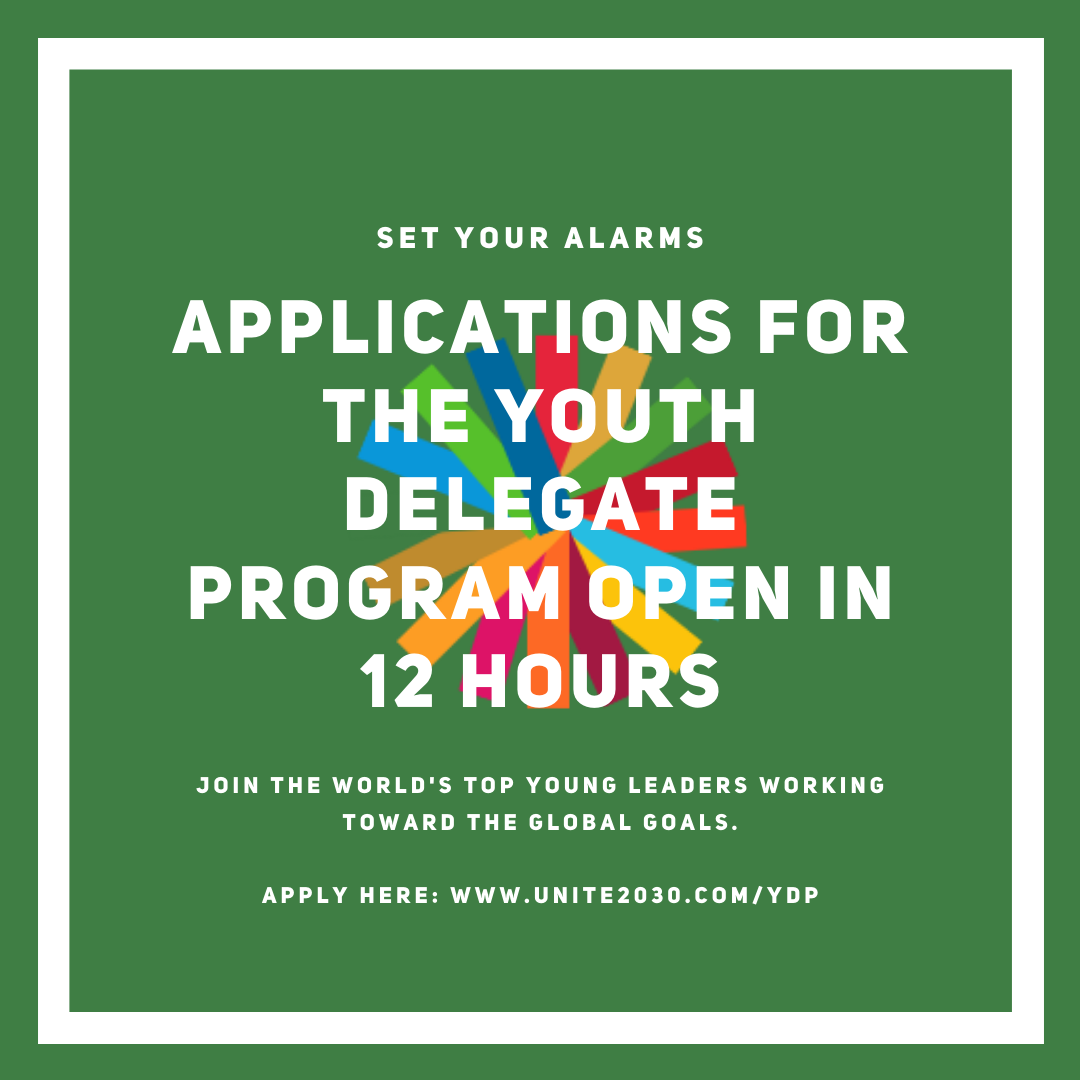Unite2030's tweet photo. T-12 hours until applications for the #YouthDelegateProgram open!

Sign up at https://t.co/J6nVpaIpm5 to be the first to be notified as soon as applications open at 12 pm EST. 

#TakeAction #ChangeTheWorld https://t.co/6sVtvBKs7U