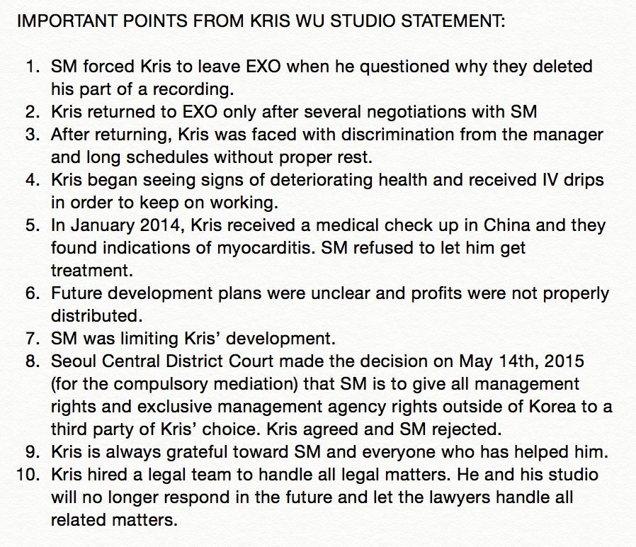 highlights from an offical statment by kris wu studios,confirming this.