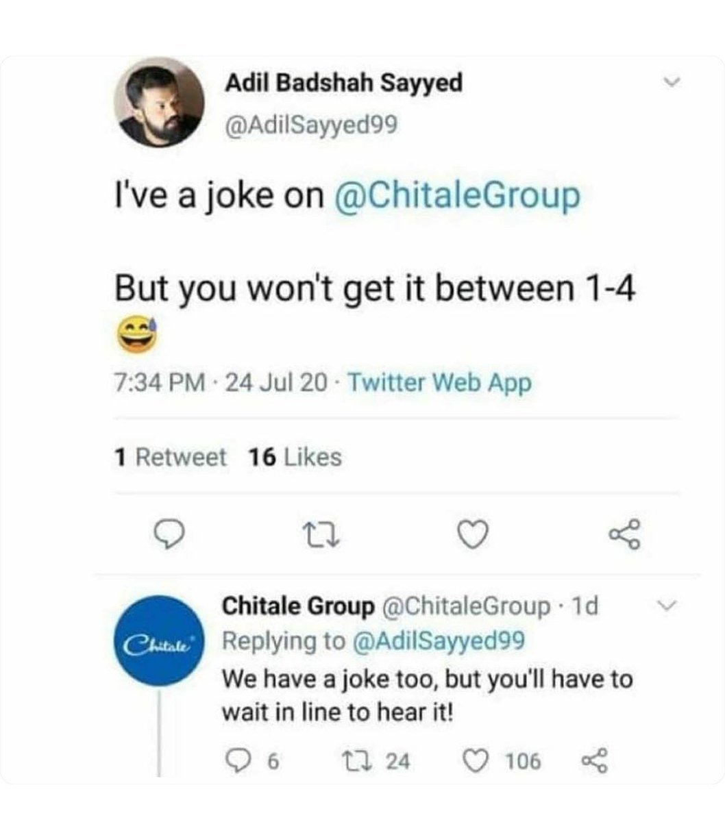 campcritique's tweet photo. That tweet vs it's amazing comeback from the brand.

We love it When you've such confidence in your product quality.

#joke #ihaveajoke #chitale #pune #punekar #kothrud #socialmedia #twitter #tweet #trending #viral #chitalegroup #campaign #campaigncritique https://t.co/7nbgS9hLeH