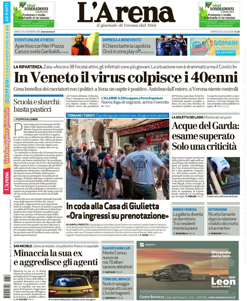 larenait's tweet photo. Prima pagina martedì 28 luglio 2020
#Larenaoggi
#PAGELLEDORO #ANTI #VILLAFRANCA
#GruppoAthesis, #NeriPozza, Caruso svela Garibaldi
#BeneventoChievo 0-1
#Coronavirus In #Veneto il #virus colpisce i 40enni
@ACChievoVerona
@NeriPozza
@telearenatv
@RadioVerona https://t.co/G2pzcxSMFt
