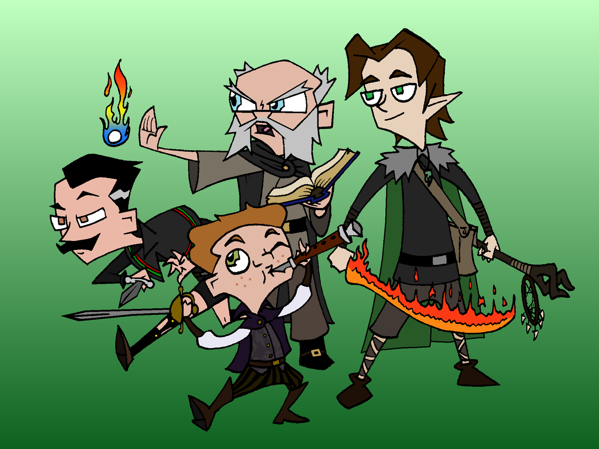Skandranon01's tweet photo. Had a random urge to sketch out the #DnD party I'm the DM for and couldn't help but finish it up with some flat colors before bed. Human Rogue Filangi, Human Wizard Sorlin, Half-elf Druid Johanne, and Halfling Bard McMac. They get into some fun shenanigans. https://t.co/7sDBFYQGvB