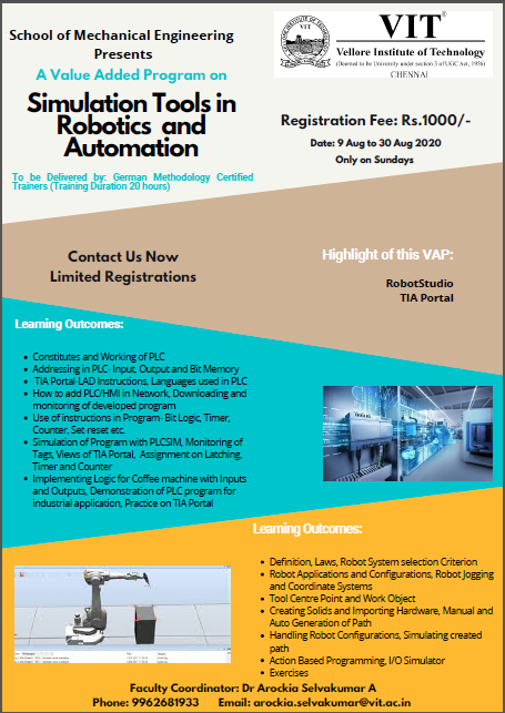 SMBS_VITCC's tweet photo. Value added program on Simulation tools for Robotics and Automation https://t.co/X0rGXOcuYi
