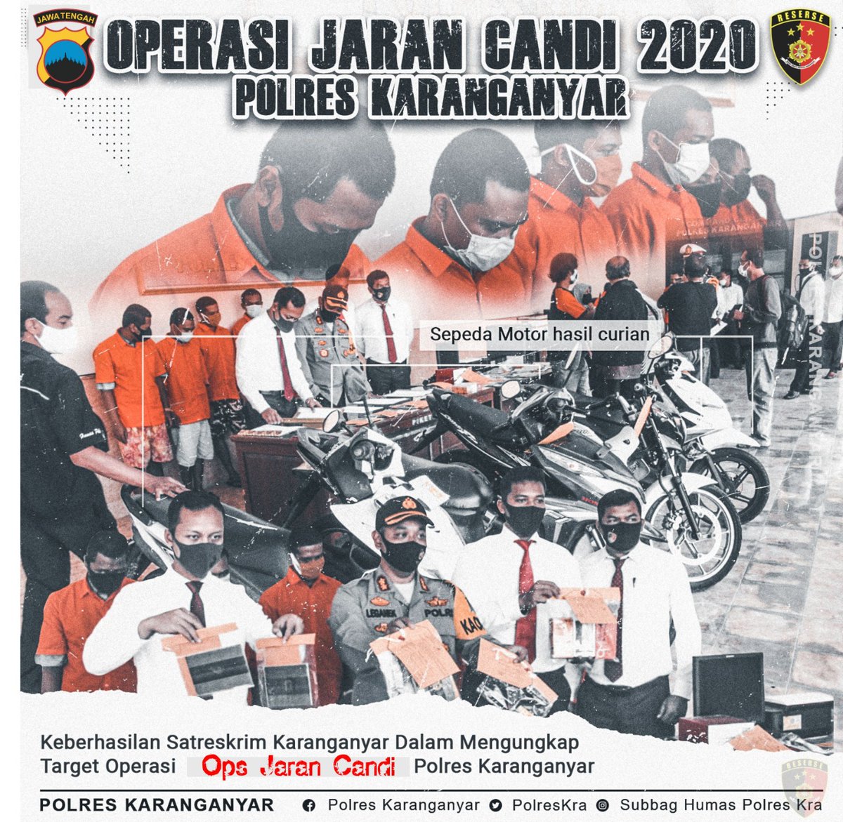 HarjoSudiro86's tweet photo. Kurang dari 1 Bulan 
Satreskrim Polres Karanganyar berhasil bekuk 5 tersangka 
Pelaku curanmor dan penjambretan 
Dan 4 sepeda motor berhasil diamankan 

#OpsJaranCandi
#Jawatengah
#Karanganyar
#BeritaKriminal
#Satreskrim
#BuruSergap https://t.co/P1TLNwbTdO