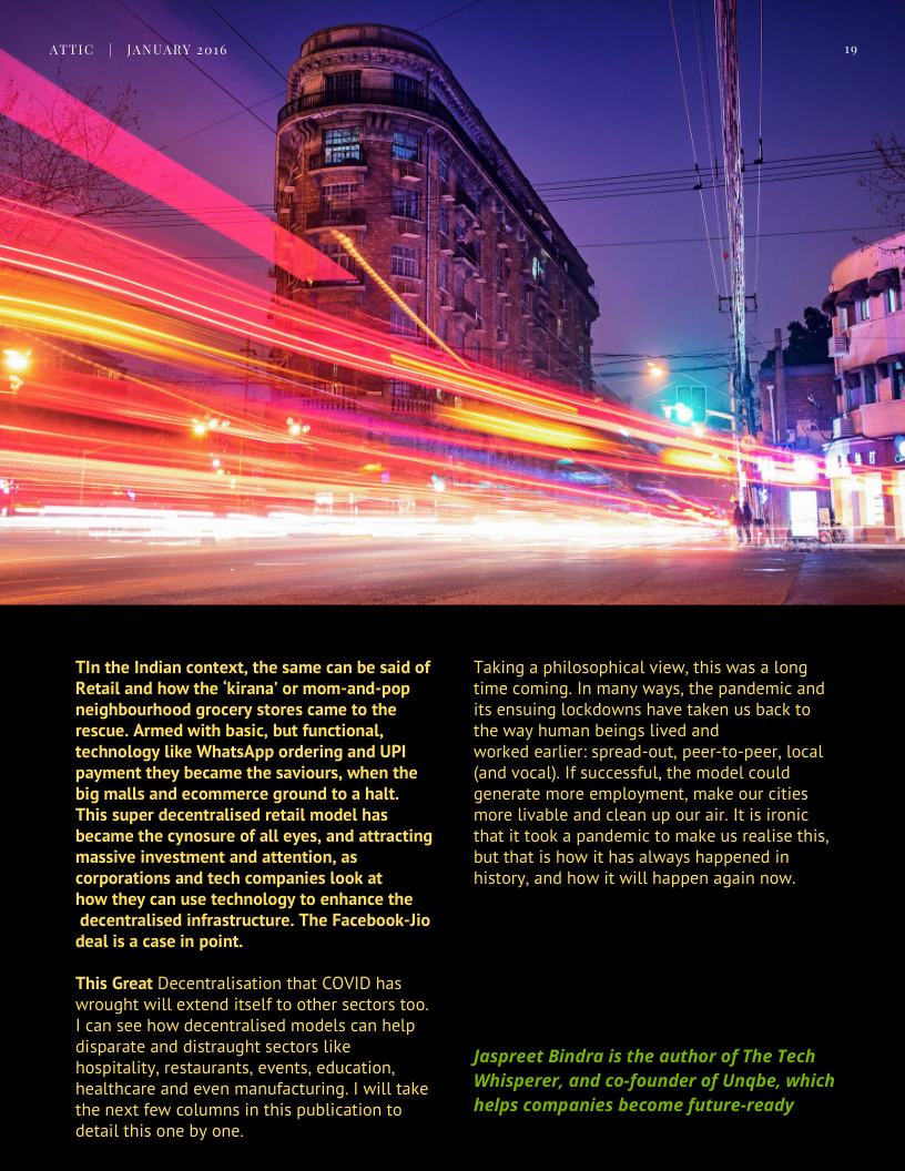 j_bindra's tweet photo. #covid19 has not been a classic #blackswan , but the #lockdowns it caused have been - both disruptive and unpredictable. 
An #antibody to this disruption has been #decentralisation. 

Read more on how and why in the 14th edition of the @unqbe newsletter, #spillingthebeans https://t.co/Rr9STZdbut