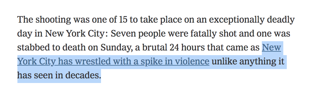 1. Once again, the New York Times Metro section – as part of a long history of crude, sensational journalism – publishes a blatant falsehood in order to stoke and exaggerate crime fears.  https://www.nytimes.com/2020/07/27/nyregion/nyc-shootings-weekend.html?action=click&module=Latest&pgtype=Homepage