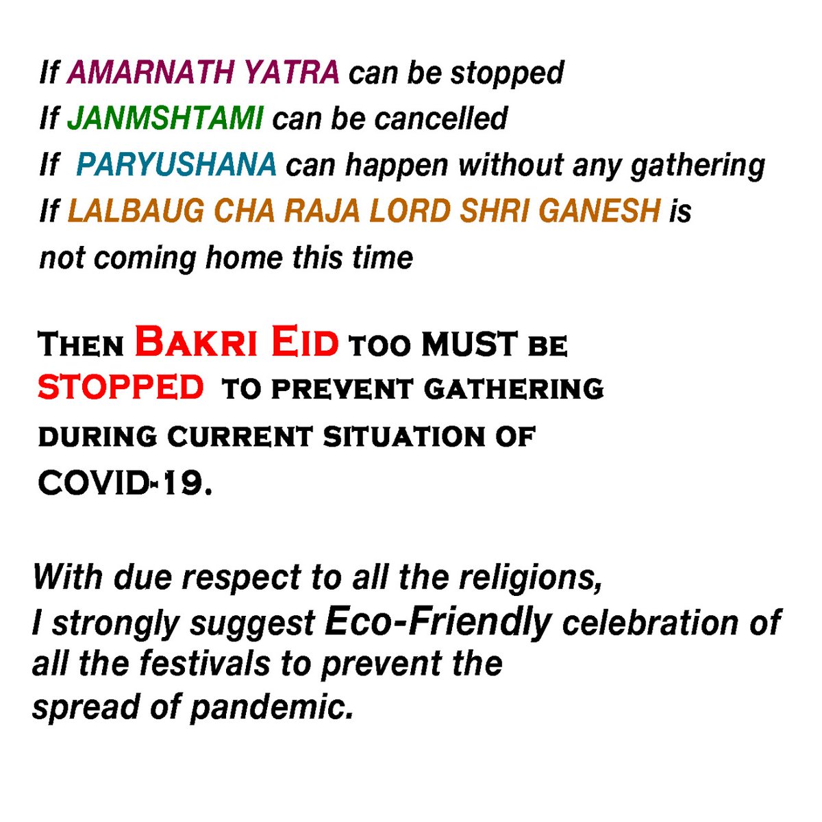 pratikdotcom's tweet photo. #bakrilivesmatter
Time for change in perspective &amp; time for bringing the change by celebrating #ecofriendly #BakriEid

@PMOIndia 
@narendramodi 
@HMOIndia
@AmitShah 
@MoHFW_INDIA 
@ZeeNews 
@republic 
@sudhirchaudhary 
@RubikaLiyaquat 
@Swamy39 
@advmonikaarora 
@rajalakshmij https://t.co/AZXekzQSby
