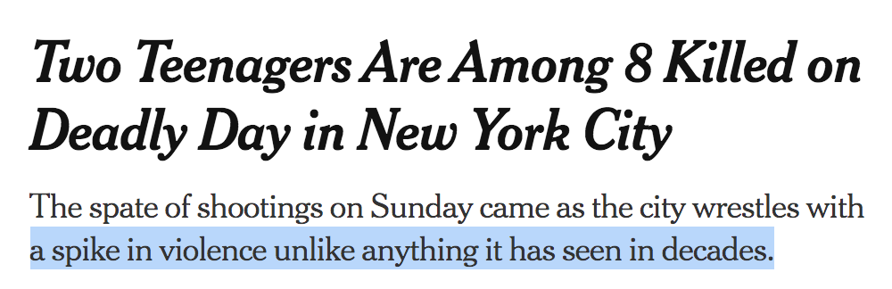 2. The NYPD does not separate data into “violent” and “non-violent” categories, but if one looks at the data they do provide, several different ways, it’s clear that that statement (which is also in the sub-headline) is false.