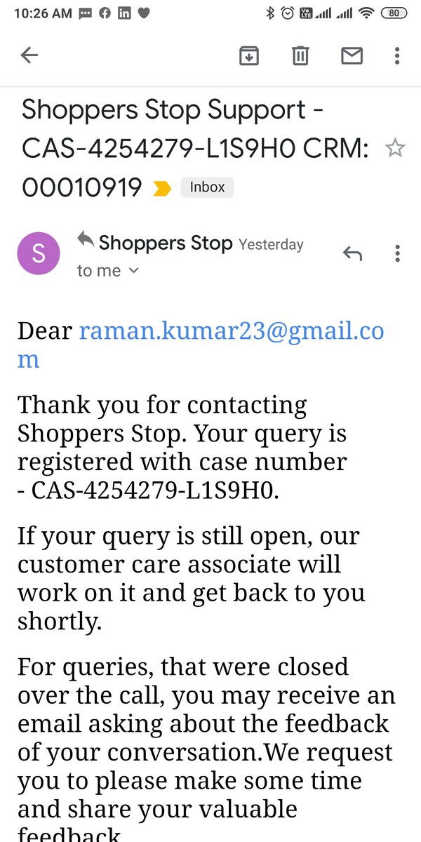 Ramankumar8669's tweet photo. PFA the response only get from Shopper stop. However the is no response from customer care. https://t.co/QQlvrtpkri