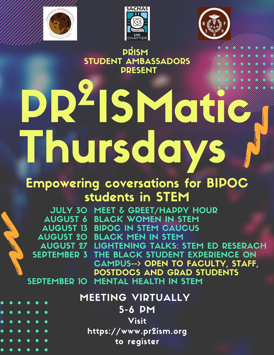 UWSeattleBSU's tweet photo. Join us for PR2ISMatic Thursdays: A safe discussion space for @UW BIPOC students

Hosted by UW BIPOC students of @UWSeattleBSU, @nsbhp_, and @UWSACNAS. Open to all UW undergrads, grad students, and postdocs at @UW, @UWBothell, and 
@uwtacoma.

Register at https://t.co/kdKnkPd7TE https://t.co/emSFaORKms