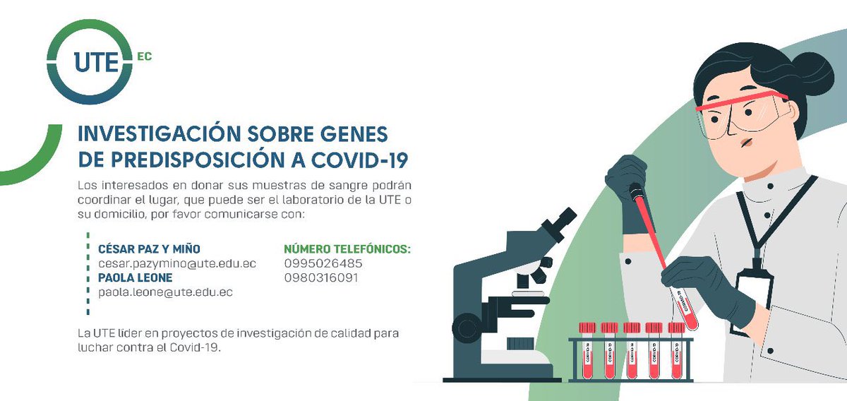UTEoficial's tweet photo. #UTEinvestiga I La @UTEoficial líder en investigaciones sobre el #COVIDー19. Iniciamos el proyecto sobre genes de predisposición a la infección de esta enfermedad, para esto necesitamos, 3⃣ tipos de pacientes: asintomáticos, leves y recuperados. Ayúdanos👉 https://t.co/6ldxq6REE4 https://t.co/xq2xnUboD3