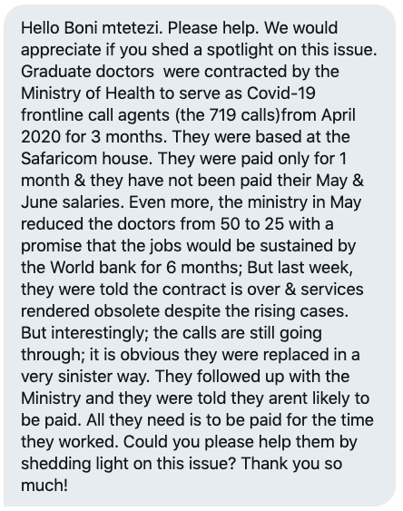 bonifacemwangi's tweet photo. "Graduate doctors were contracted by the Ministry of Health to serve as Covid-19 frontline call agents (the 719 calls) from April for 3 months. They were based at the Safaricom house. They were paid only for 1 month. They haven't been paid their May and June salaries."-Via DM https://t.co/qHAhdocQXF