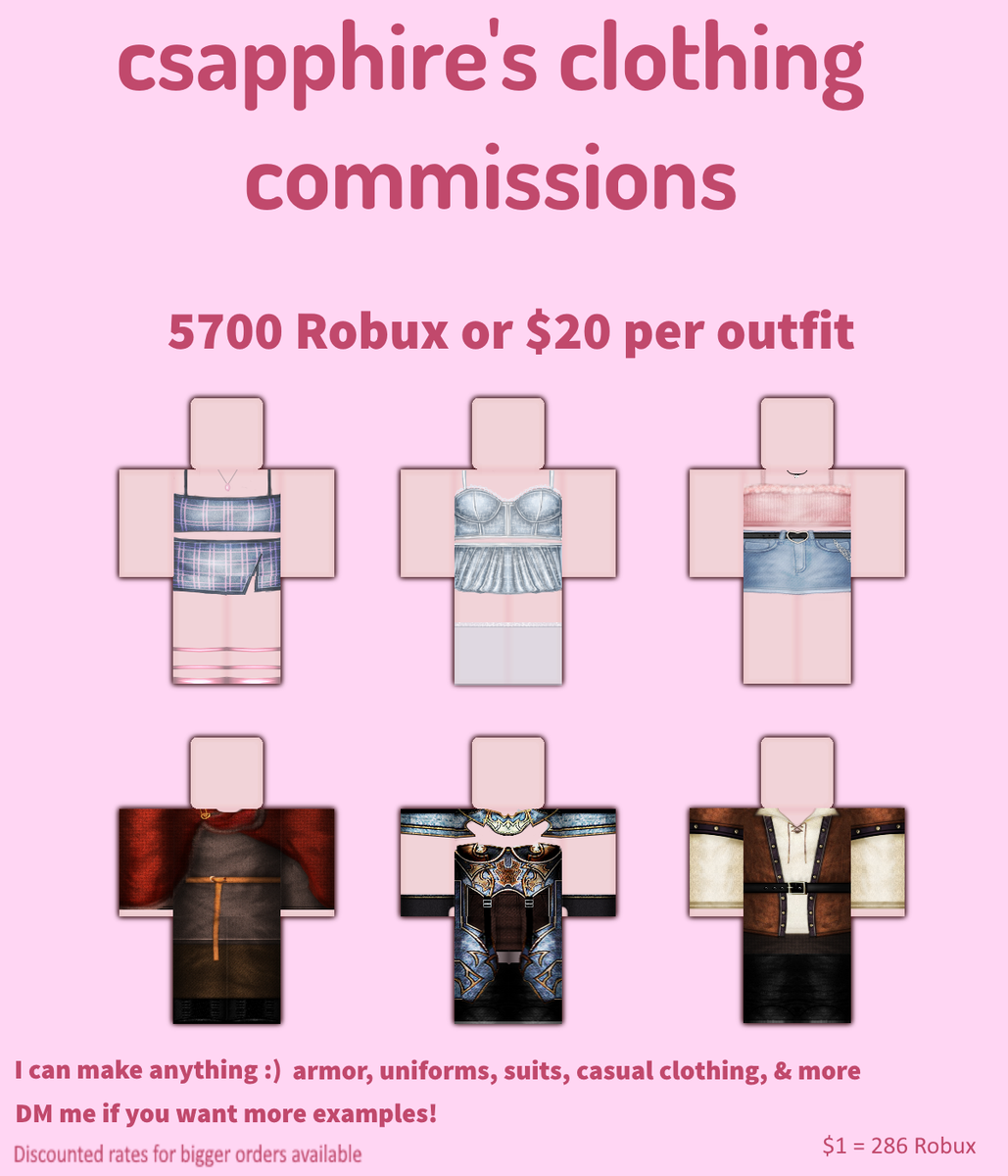 Csapphire Ky On Twitter Clothing Commissions I Can Make Anything From Armor Uniforms Men S Women S Clothing Suits And More 3 Slots Open Dm Me Discounted Rate Available For 5 - roblox dev outfits