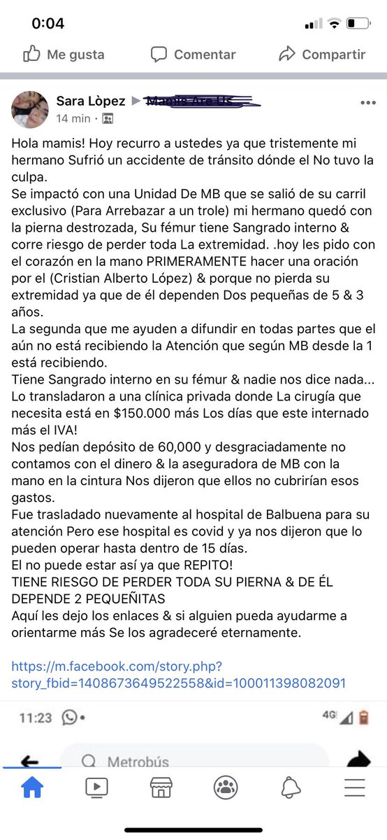 sweetartemisa's tweet photo. Gente, ya sé que es bien pinche tarde, pero una chava pide ayuda para su hermano que fue victima del @MetrobusCDMX hoy. No se están haciendo responsables de ni madres y el chavo corre el riesgo de perder la pierna. Ayúdenme con su RT y sus arrobas correspondientes. @SSaludCdMx https://t.co/7QQEGN8QWC