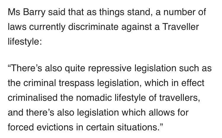 A clear example of that racism being engrained in our laws is set out in this article:  https://amp.breakingnews.ie/ireland/funds-for-travellers-left-unspent-by-local-authorities-1012435.html?__twitter_impression=true FLAC CEO Eilis Barry . @flacireland