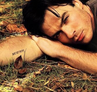 All things Vampire Diaries - Ian Somerhalder has a Tattoo on his right arm,  Which says Hic et nunc, which is Here and Now in Latin - Eloise :)