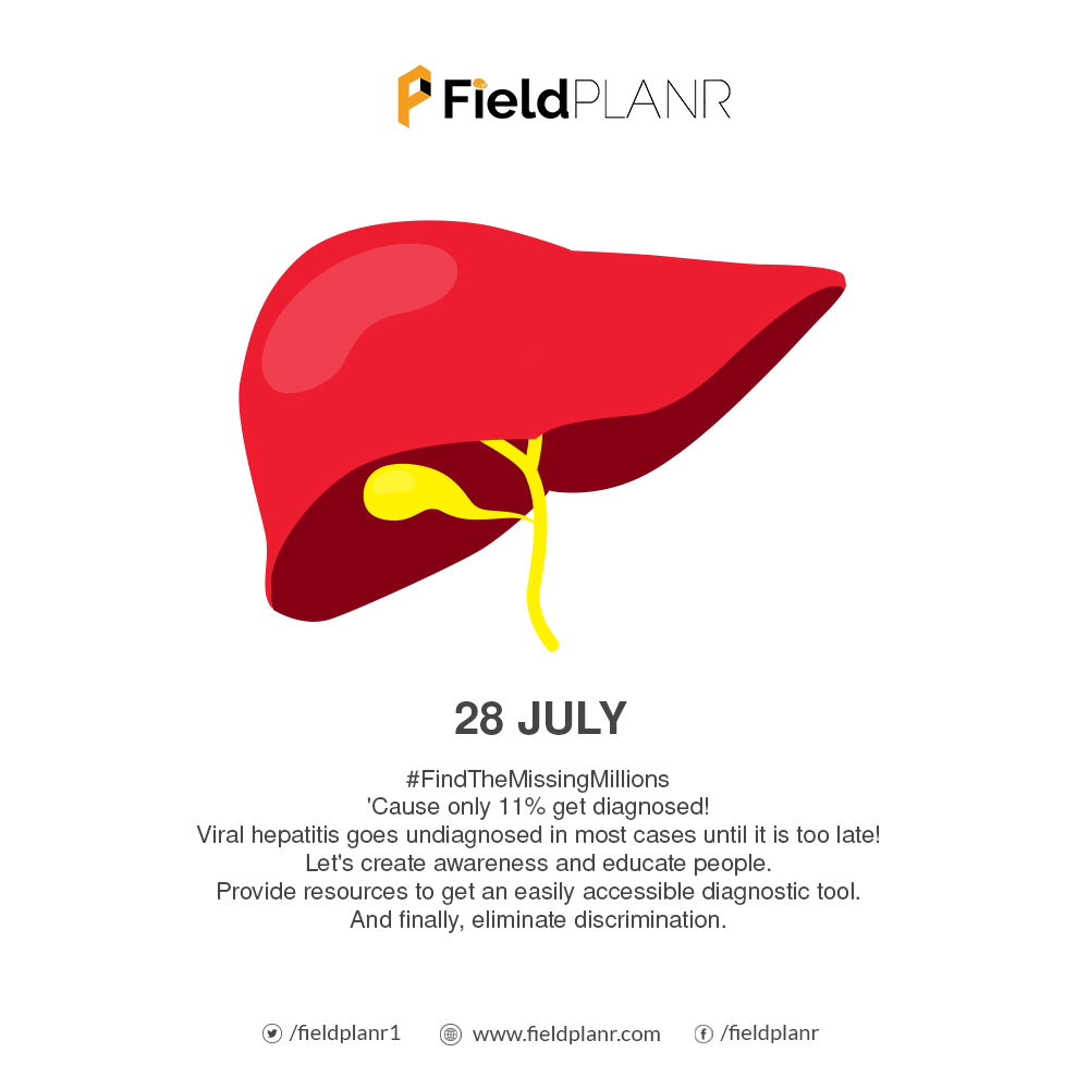 fieldplanr1's tweet photo. This #WorldHepatitisDay, let's fight for those who don't even realize they need protection!

Let's #FindTheMissingMillions who don't get diagnosed with #ViralHepatitis until it's too late.

Create awareness, educate, &amp; eliminate discrimination! 

#Hepatitis #HepatitisFreeFuture https://t.co/zlNXvWsSGt