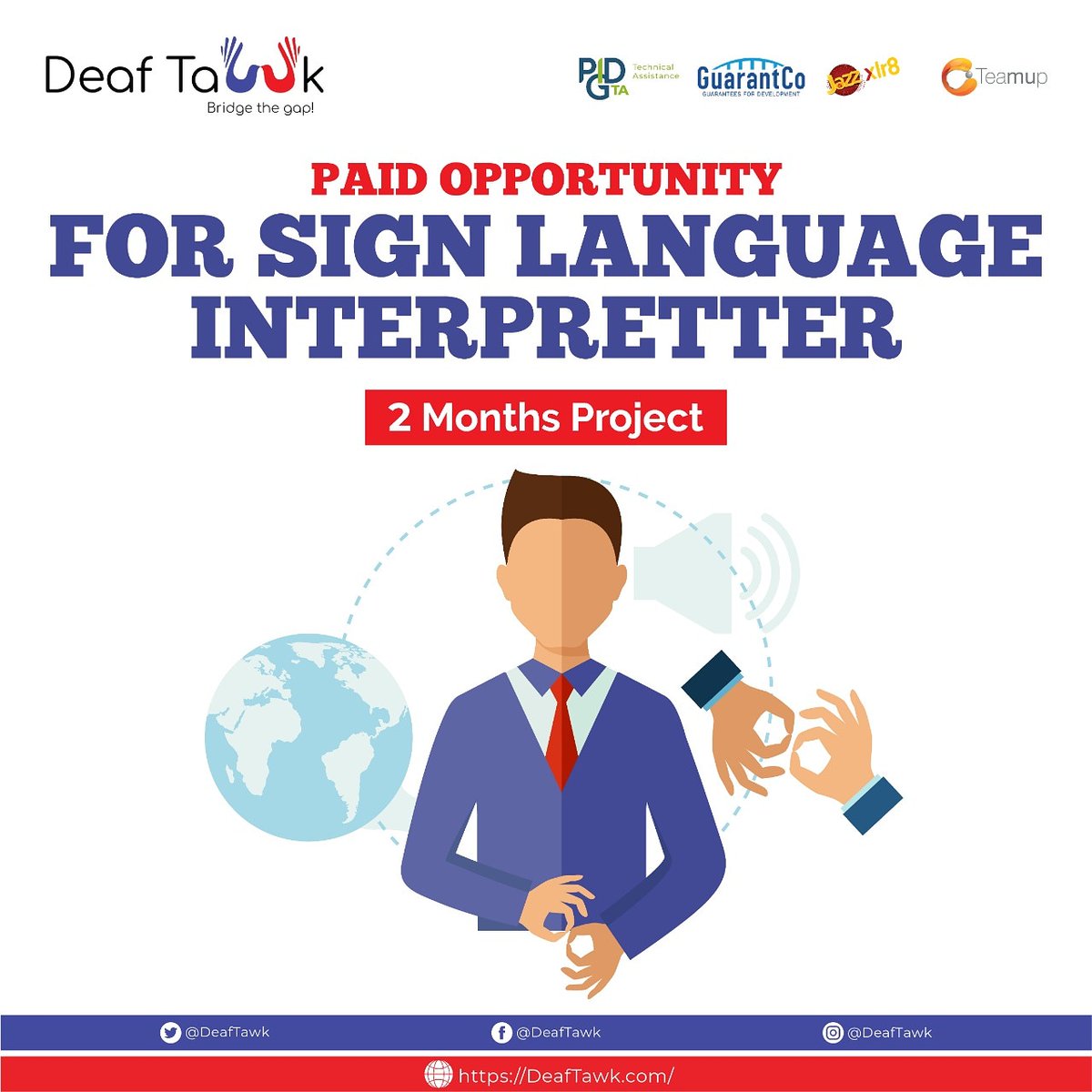 DeafTawk's tweet photo. Project based job opportunity for Sign Language Interpreters
Nature: Remote work
Duration: 2 months
Inbox for details!

#DeafTawk #pidgOrg #guarantCo #jazzxlr8 #teamup #bridgethegap #removethebarrier #signlanguage #buildacommunity #JobOpportunity #Project  #Islamabad #Rawalpindi https://t.co/vJ6Q6LSXAQ