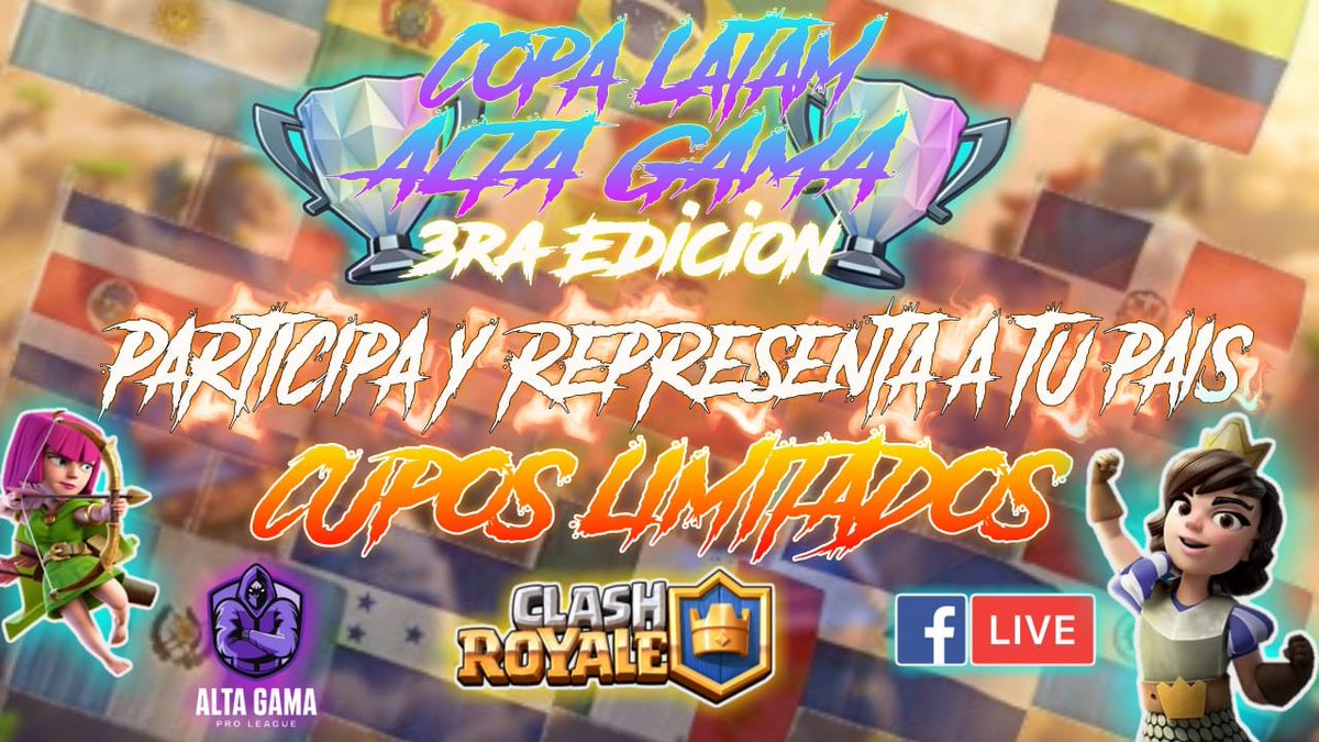 🏆Copa Latam Alta Gama🏆

🎁Premios:
🥇50 dls. 
🥈25 dls. 
🥉Pass Royale. 

✅32 Equipos :

🇲🇽🇦🇷🇨🇴🇵🇪🇨🇱🇪🇨🇻🇪🇧🇴🇬🇹🇸🇻🇭🇳🇰🇵🇵🇦🇵🇾🇺🇾🇵🇷

✅Requisito:
Retwitt en  Tu página de clan Y enviar tu logo para solicitar la información al  wathsapp📲 +52 7441 146214.