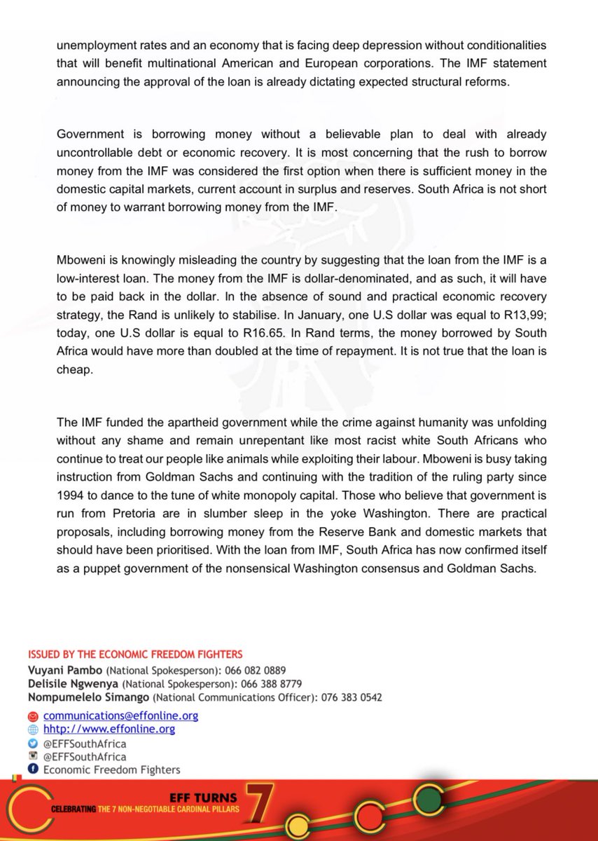 EFFSouthAfrica's tweet photo. EFF Statement on the IMF Loan to South Africa https://t.co/5xIuvpdKbX