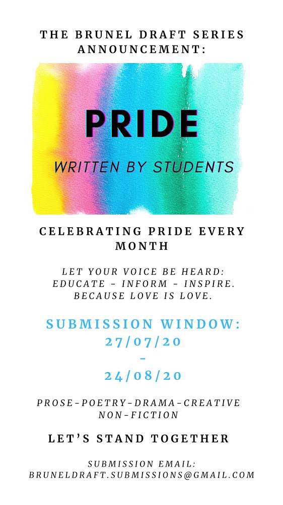 brunel_draft's tweet photo. Introducing our second series to continue Pride❤️🧡💛💚💙💜💗 
As a magazine we want to celebrate diversity outside of just pride month!

Submissions open now, 4 weeks to enter!

#pride #lgbtq #series #loveislove #bruneluni #creativewriting #magazine https://t.co/RaaAsacp3S