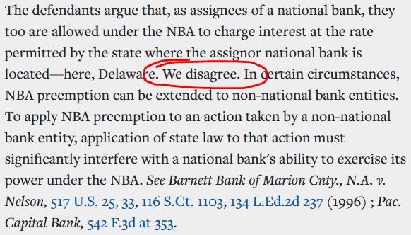 But then they did the turd thing. In Madden, the appeal court looked around and was like “oh, the bank can just keep its debt . . . so we don’t need to preempt usury for third-party debt collectors.”