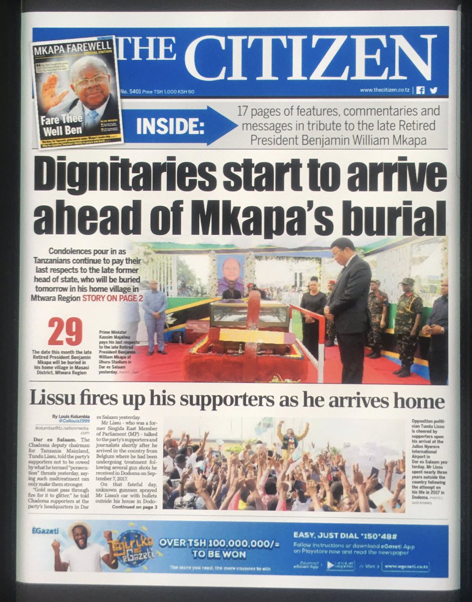 bmachumu's tweet photo. And in @TheCitizenTZ as written by @bmachumu, Salim Lome, President @uhurukenyattake Amb. Charles R. Stith, Patrick Rutabanzibwa, Pius Msekwa, President @WMkapa Mkapa’s first Editorial in The Citizen, MCL chairman Leonard Mususa, @CEOrtTZ, Stella Balozi, @JMakamba in #THECITIZEN https://t.co/un9xsYskuS