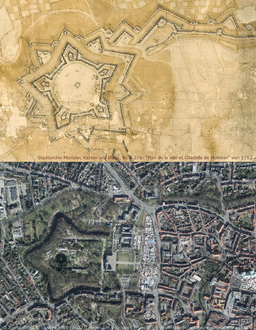 StadtarchivMS's tweet photo. Die Umrisse der #Zitadelle von #Münster kann man auch auf heutigen #Luftbildern noch gut erkennen. Der "Plan de la ville et Citadelle de Münster avec ses environs et fortifications ..." (oben) zeigt den Zustand von #1763, kurz bevor die Zitalle geschleift wurde. https://t.co/AUmdpc0FRw