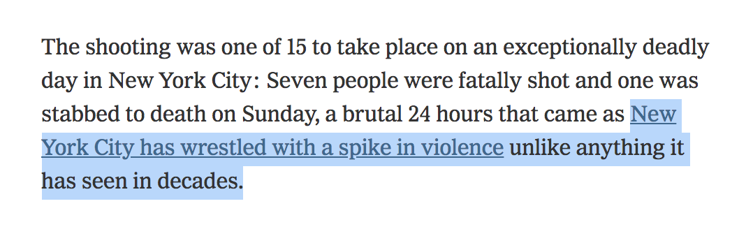 17. Looked at this way, does the  @NYTMetro’s article about a “spike in violence unlike anything NYC has seen in decades” hold up? Nope. Not even close.