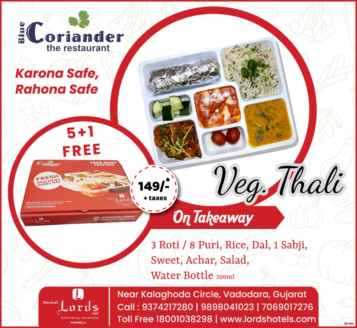 revivallordsho1's tweet photo. Veg Thali #5+1 FREE #ON takeaway #BlueCoriander
--
#bluecoriander #revivallordsinnvadodara #ourvadodara #vadodara #vegthali #takeaway #Karona_safe #rahona_safe #lordshotelsnresort #LordsHotels #TrueValueHotels #yokemate #yokemateteam #yokematehardik #mryokemate #tapaspandya https://t.co/h0g7axLoU5