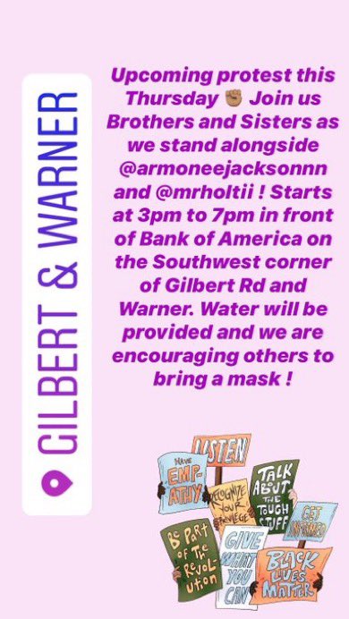 PhxProtestLIVE's tweet photo. Thursday, July 30th in Gilbert! Follow @zneakydev @armoneejacksonn @MrholtII for more details. #PhoenixProtest #GilbertProtest #BlackLivesMatter https://t.co/A2dZQkUla3