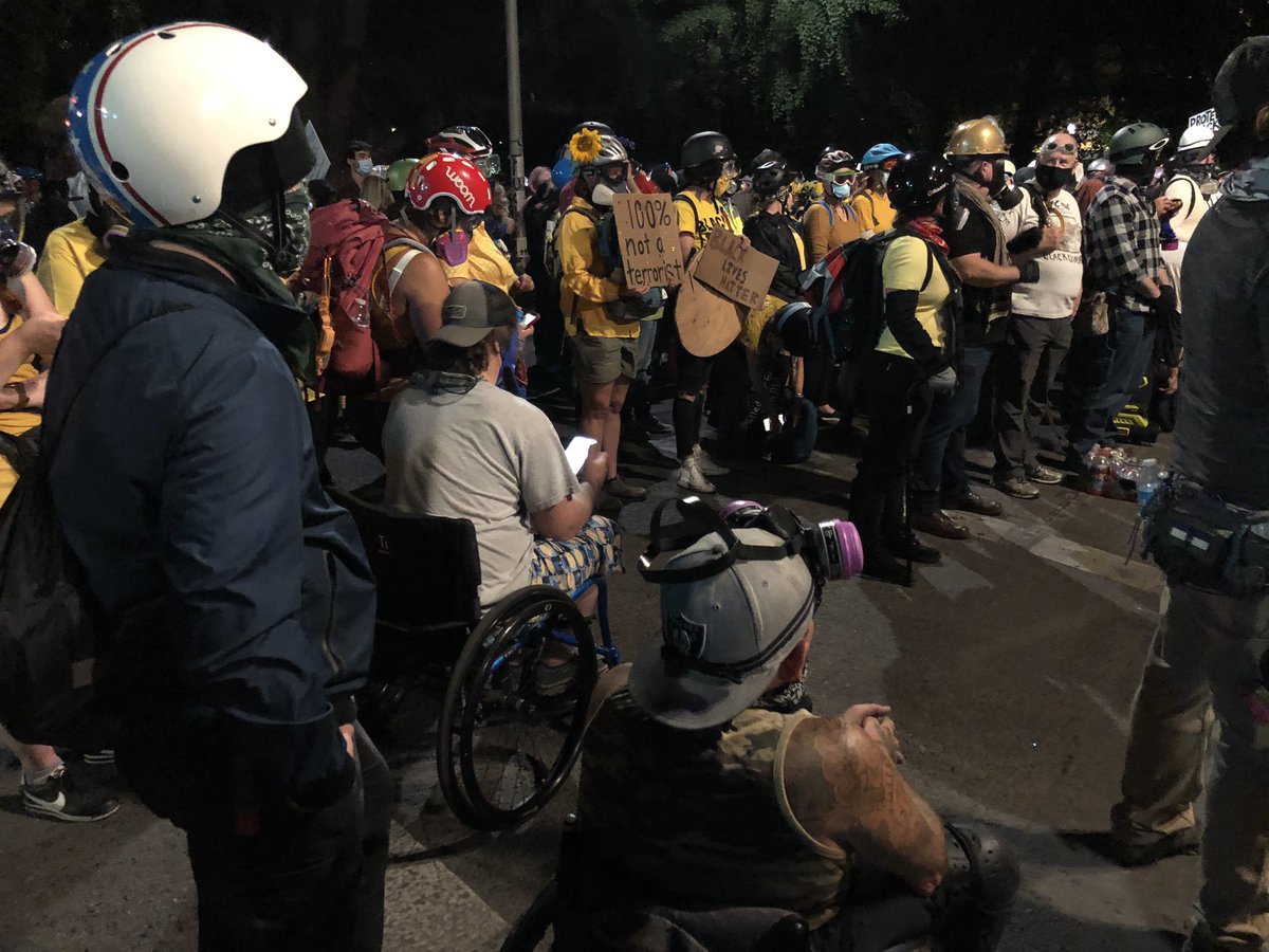 kmax2go's tweet photo. This is who Trump is so scared of that he had to send MORE Feds to attack. Mothers. Fathers, kids,retired vets. They are armed with flowers and leaf blowers. The Feds have batons and tear gas. How is that even remotely justified? #PortlandProtests #StandWithPortland #wallofmoms https://t.co/WJ7vr1TJLH