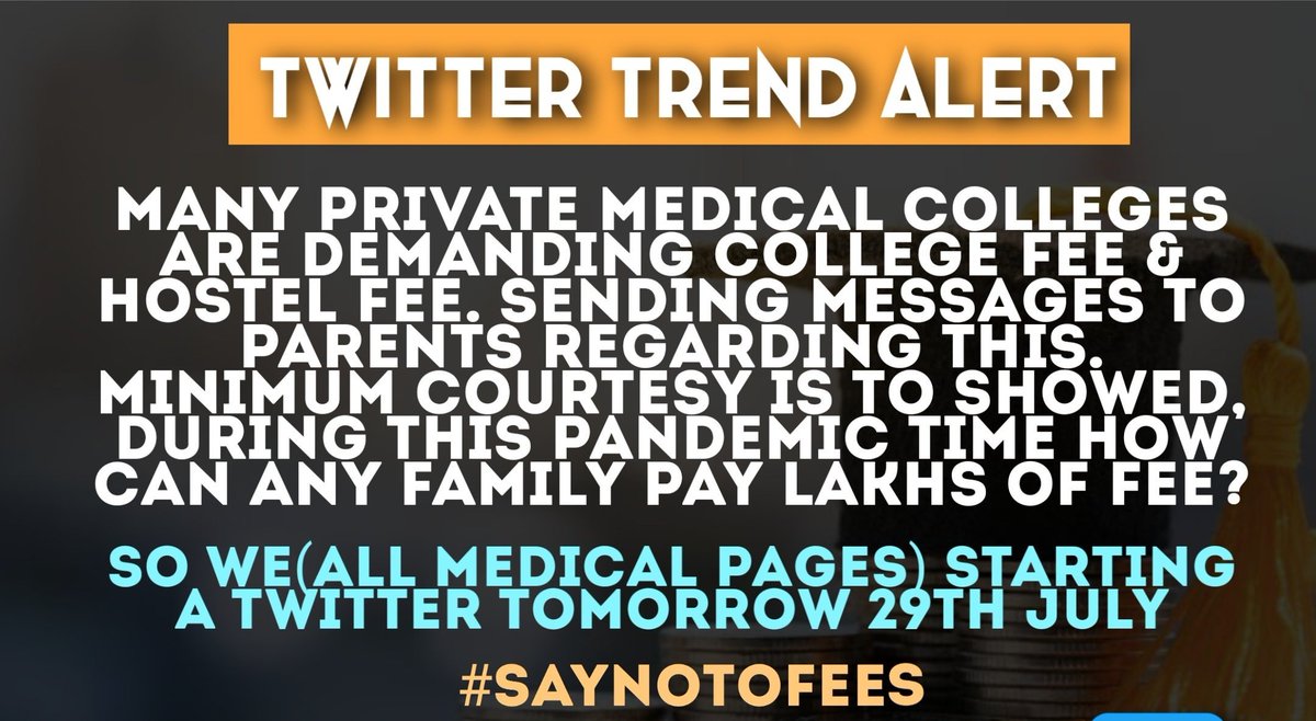 GIDA_Official's tweet photo. Twitter Trend Alert

#SayNoToFees 

All Medical Students across country will join this campaign tomorrow(29th July).

Request to all SFI/GMERS Medical College Students to share this message as much as you can and join us.

@IMA_MSNIndia @JustTrollMbbs @Gujarat_MSA
#SayNoToFees https://t.co/ejCzFYYg67